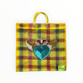 BOLSA TOTE MEDIANA CUADROS AMARILLO CORAZON AZUL