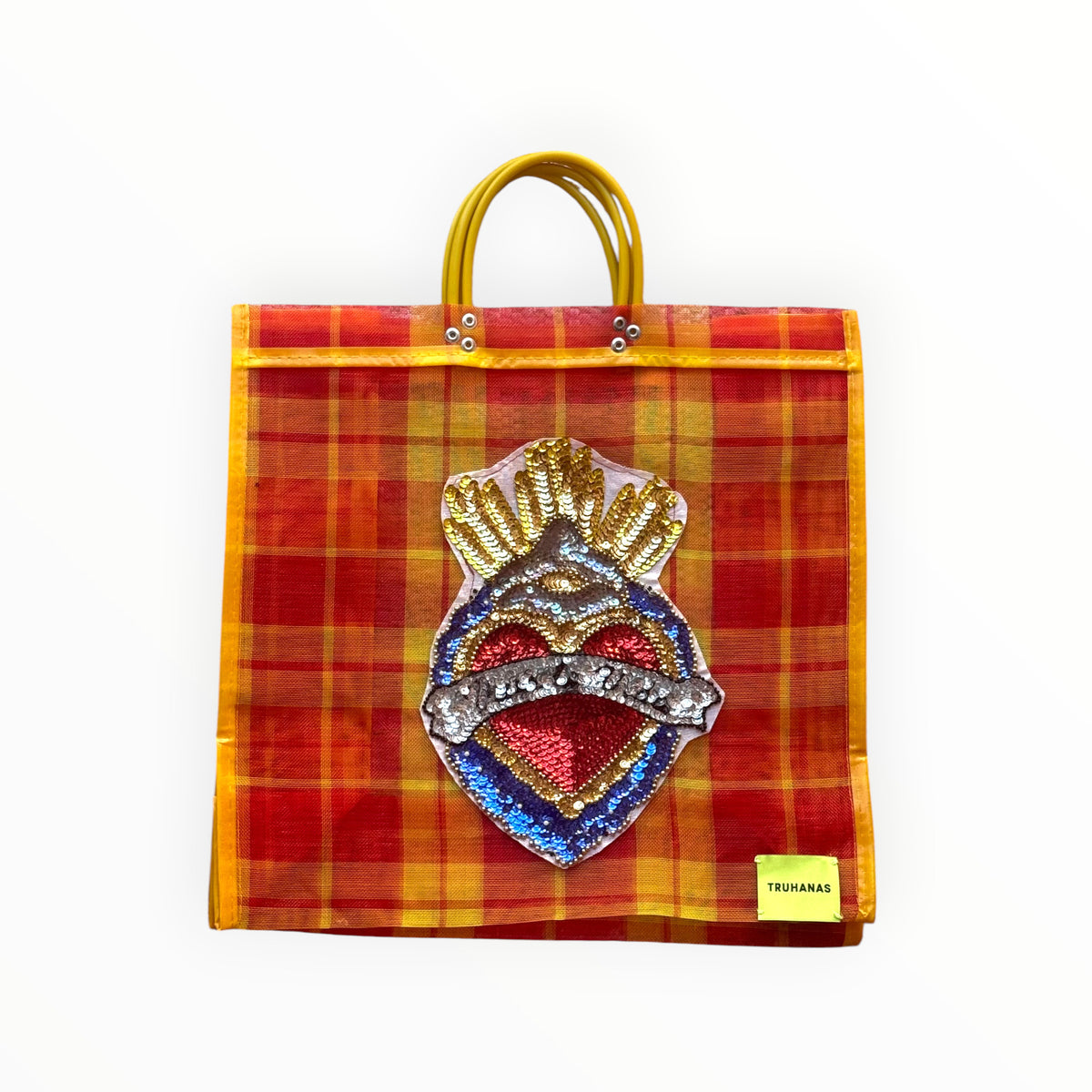 BOLSA TOTE MEDIANA CUADROS NARANJA Y AMARILLO CORAZON ROJO
