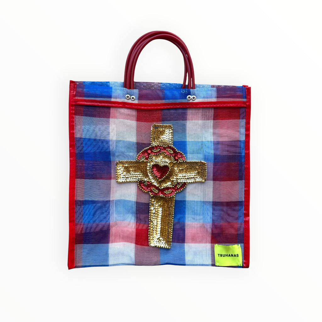 BOLSA TOTE MEDIANA CUADROS AZUL CRUZ