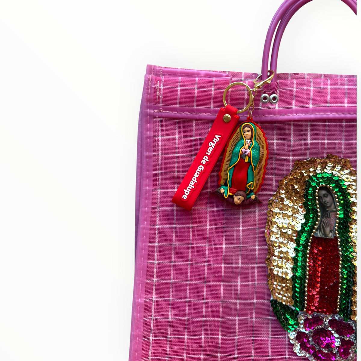 BOLSA TOTE MEDIANA ROSA VICHY VIRGEN CON CHARM